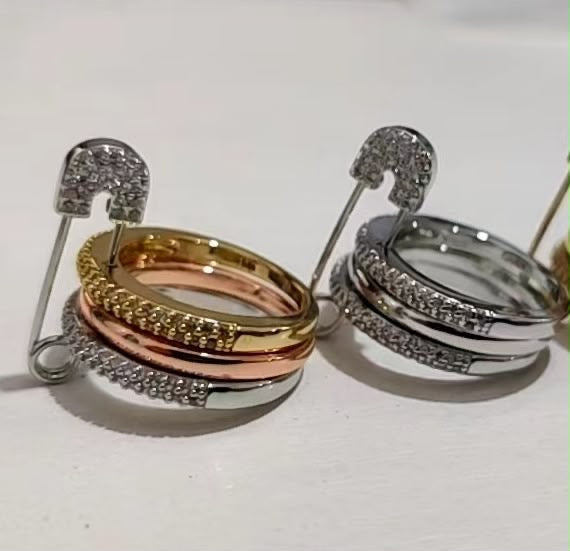 Safety Pin Ring Set – Triple Band with Crystal Pavé