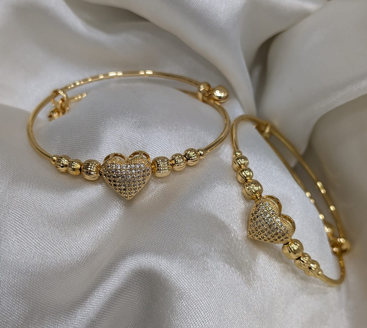 Luxe Pavé Heart & Round Adjustable Bangles (Pair)