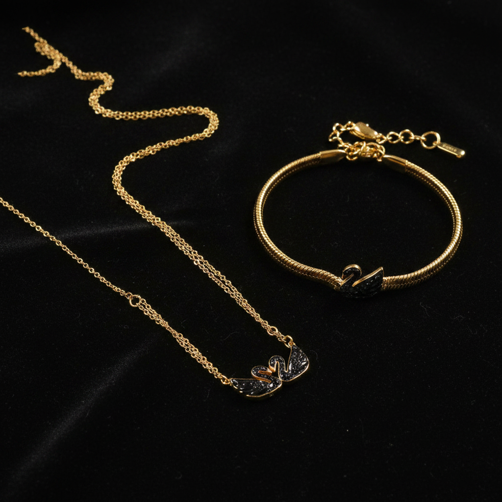 Black Swan Gold Stainless Steel Jewelry Set – Bracelet & Necklace