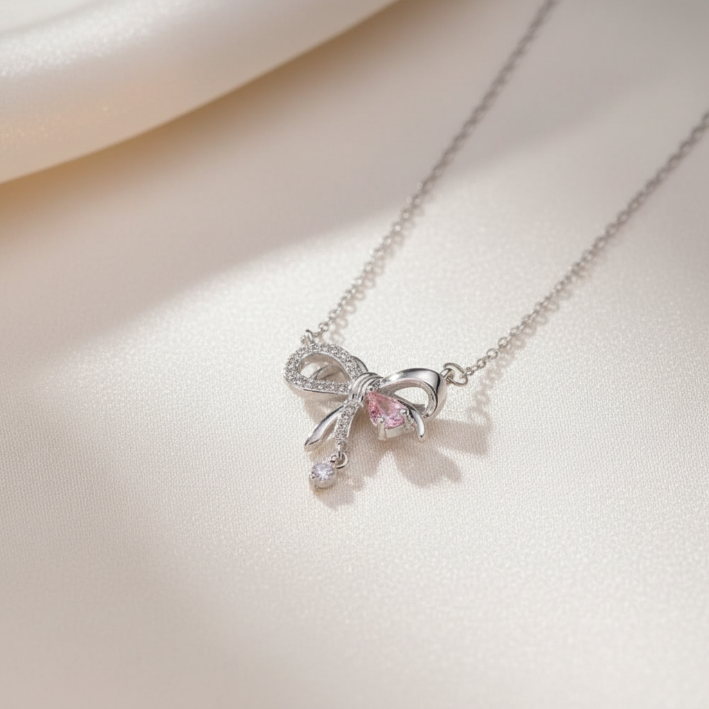 Crystal Bow Necklace – Pink Zircon Pendant
