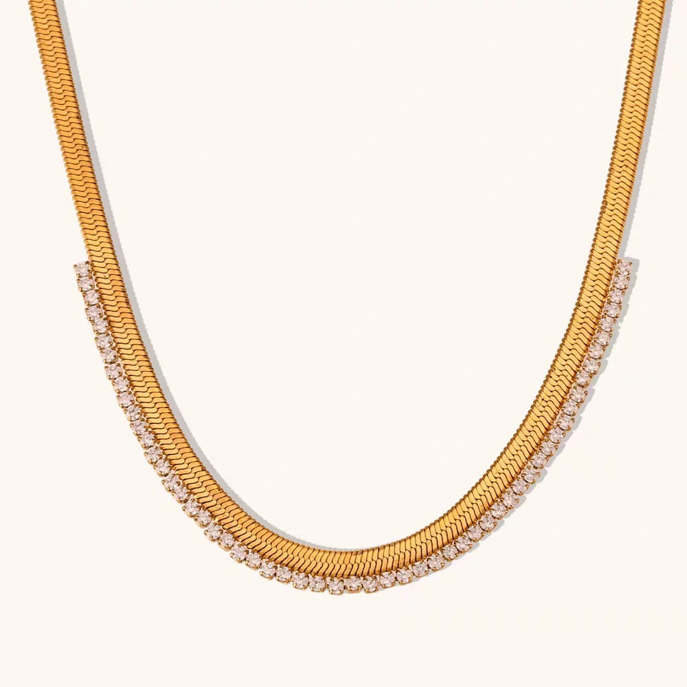 Gold Herringbone & Diamond Tennis Layered Necklace