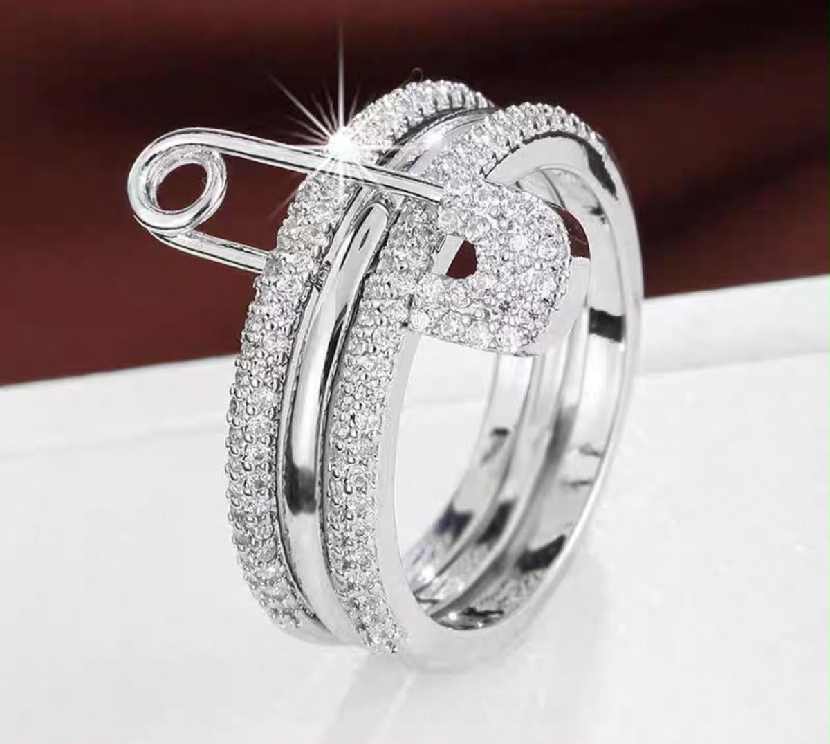 Safety Pin Ring Set – Triple Band with Crystal Pavé