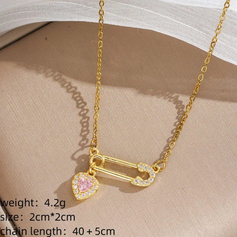 Safety Pin Heart Necklace – Gold Plated CZ Pendant