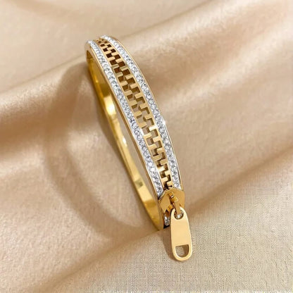 Gold Zipper Bangle Bracelet – Crystal Diamond-Cut Cuff