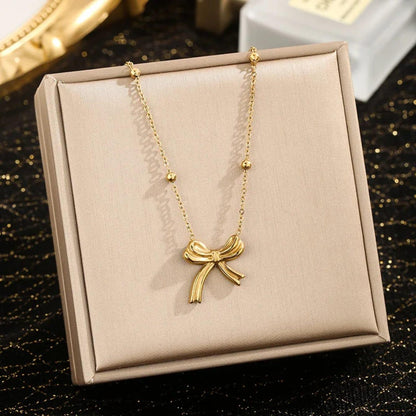 Dainty Gold Ribbon Bow Pendant Necklace