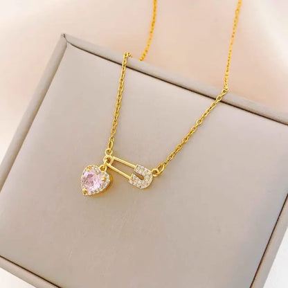 Safety Pin Heart Necklace – Gold Plated CZ Pendant