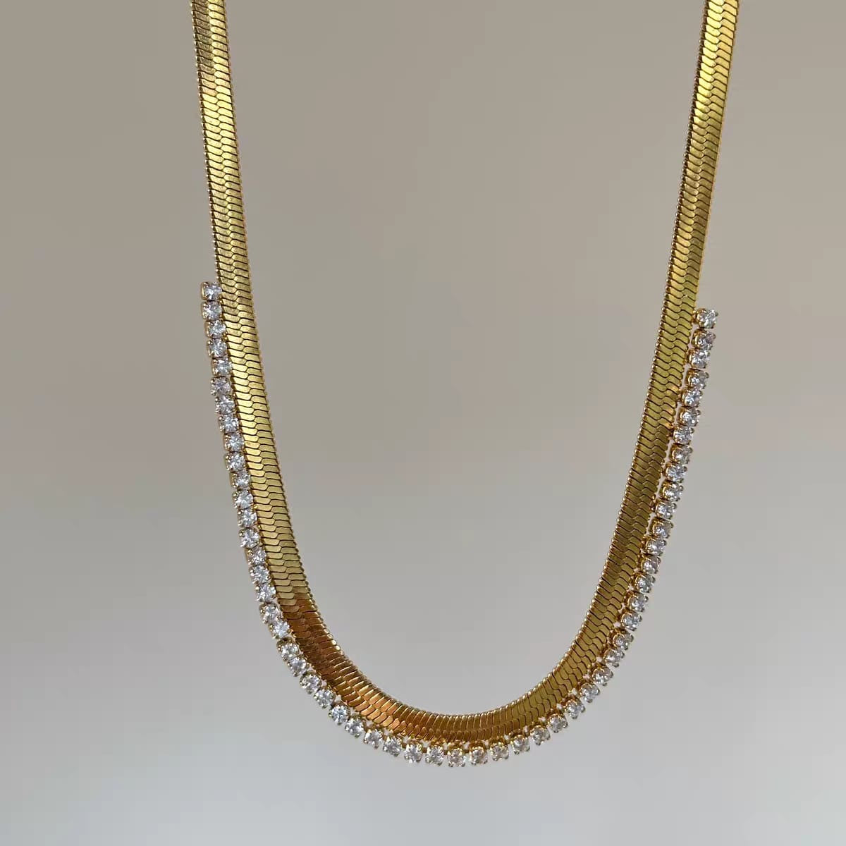 Gold Herringbone & Diamond Tennis Layered Necklace