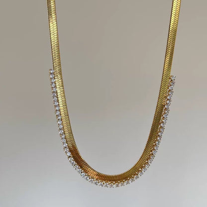 Gold Herringbone & Diamond Tennis Layered Necklace