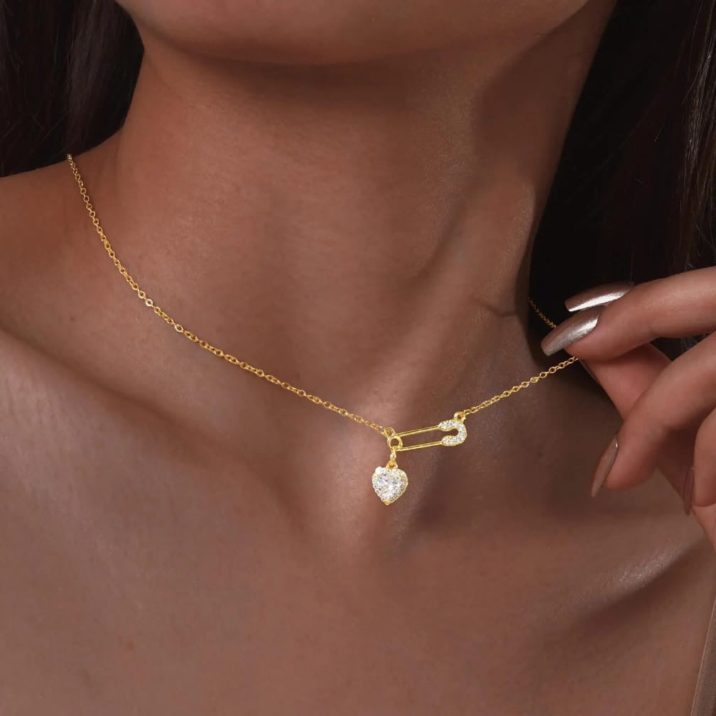 Safety Pin Heart Necklace – Gold Plated CZ Pendant