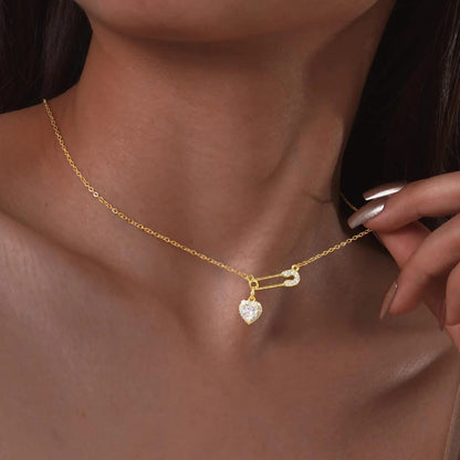 Safety Pin Heart Necklace – Gold Plated CZ Pendant