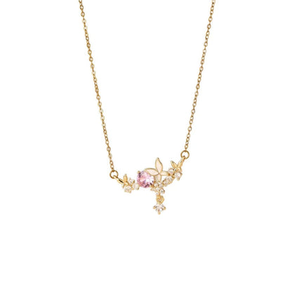 Pink Crystal Butterfly Necklace – Gold & Silver Floral Charm
