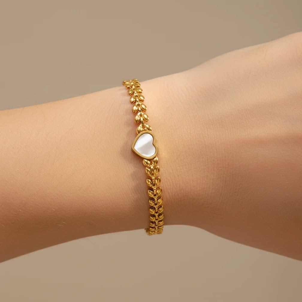 Gold Leaf Heart Bracelet – Mother of Pearl Heart Charm