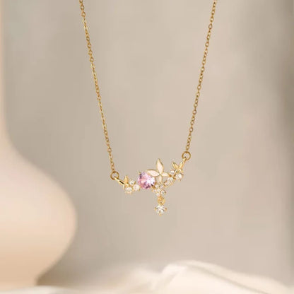 Pink Crystal Butterfly Necklace – Gold & Silver Floral Charm