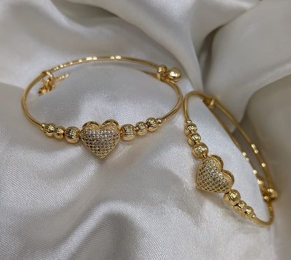 Luxe Pavé Heart & Round Adjustable Bangles (Pair)