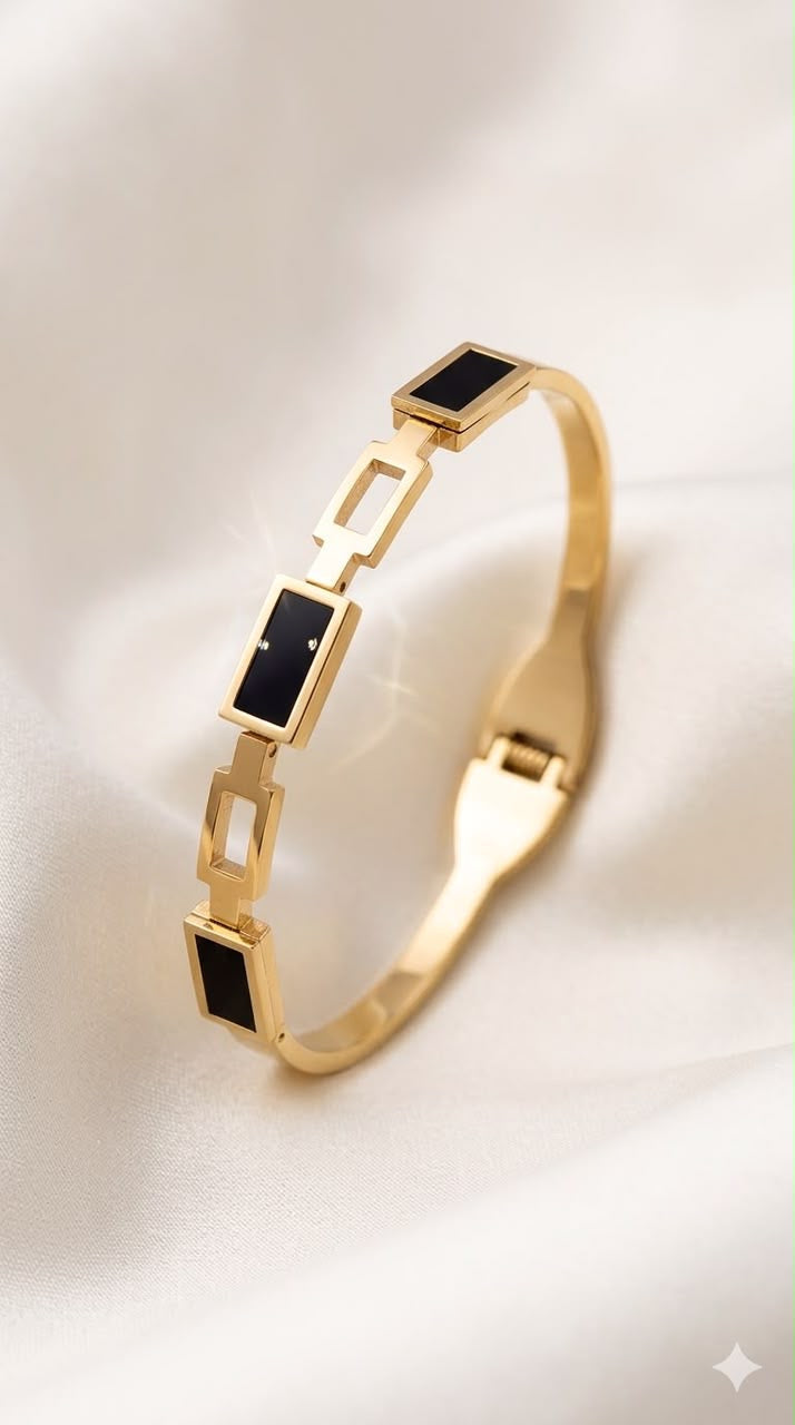 Gold & Black Geometric Bangle – 18K Gold Plated Cuff Bracelet
