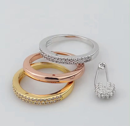 Safety Pin Ring Set – Triple Band with Crystal Pavé