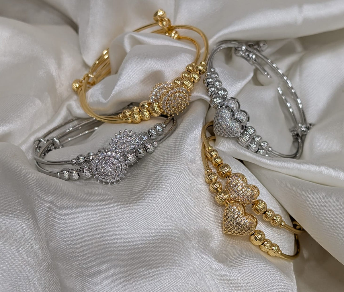Luxe Pavé Heart & Round Adjustable Bangles (Pair)