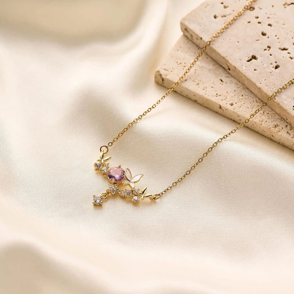 Pink Crystal Butterfly Necklace – Gold & Silver Floral Charm