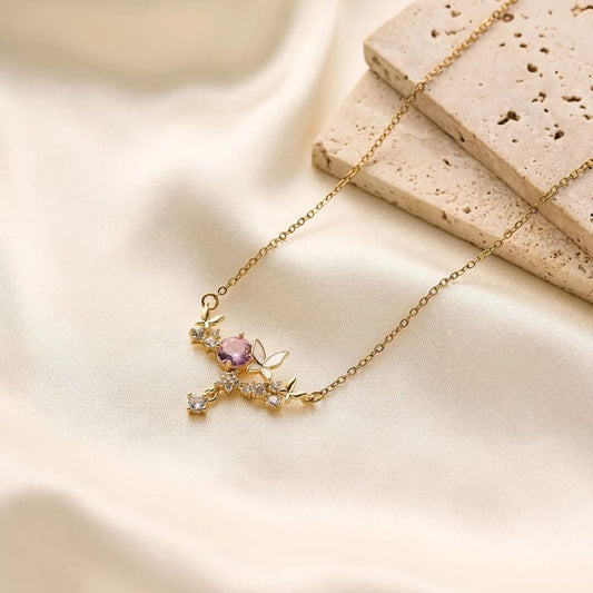 Pink Crystal Butterfly Necklace – Gold & Silver Floral Charm