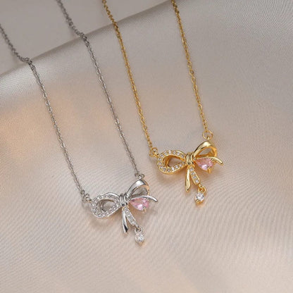 Crystal Bow Necklace – Pink Zircon Pendant