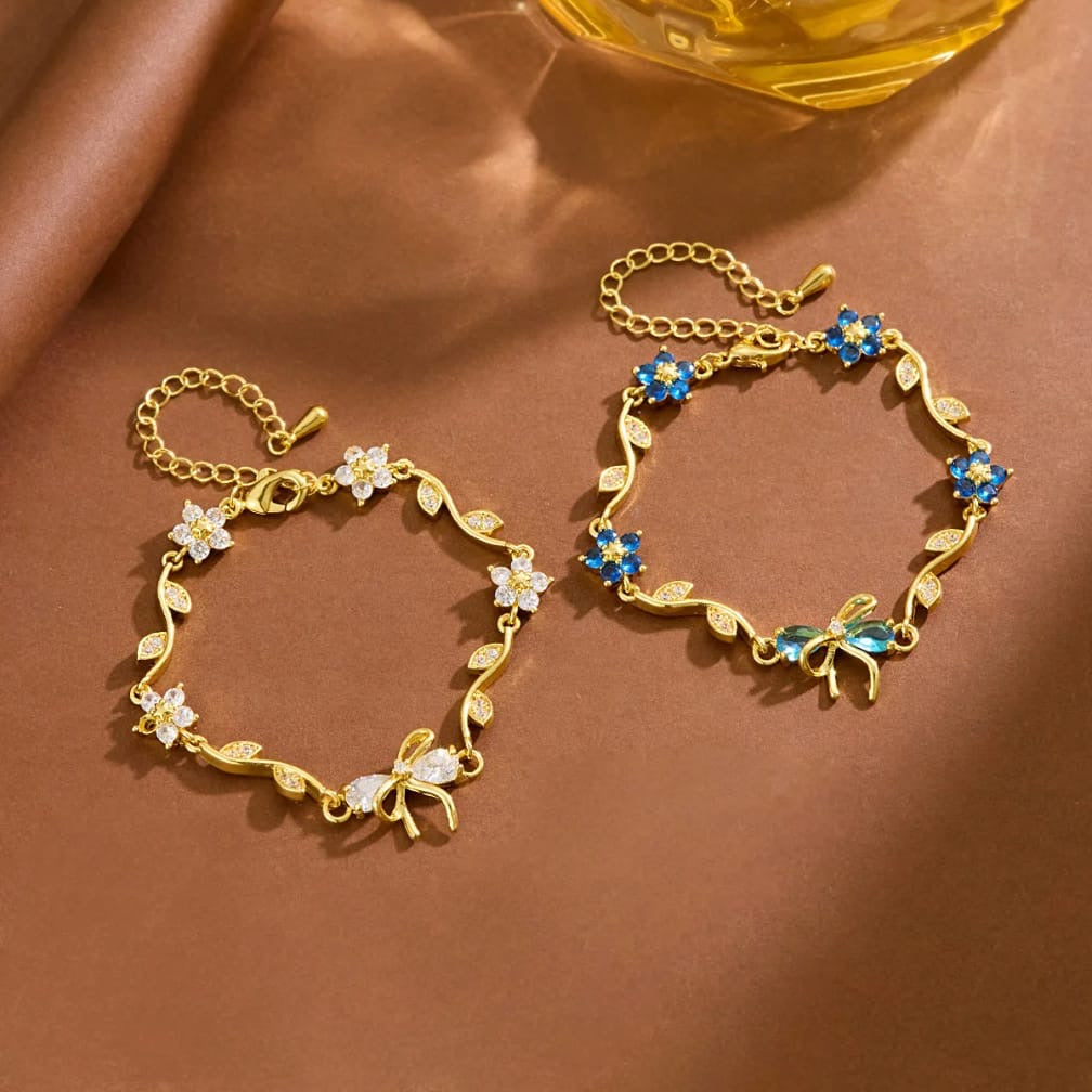 Floral Bow Bracelet – Crystal Flower & Bow Charm Gold Chain