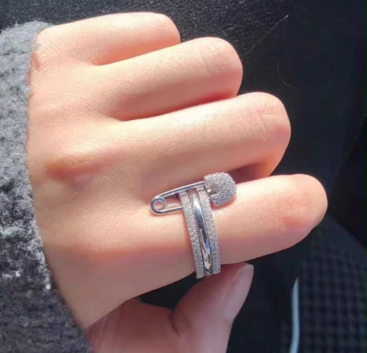 Safety Pin Ring Set – Triple Band with Crystal Pavé