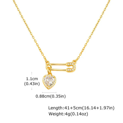 Safety Pin Heart Necklace – Gold Plated CZ Pendant