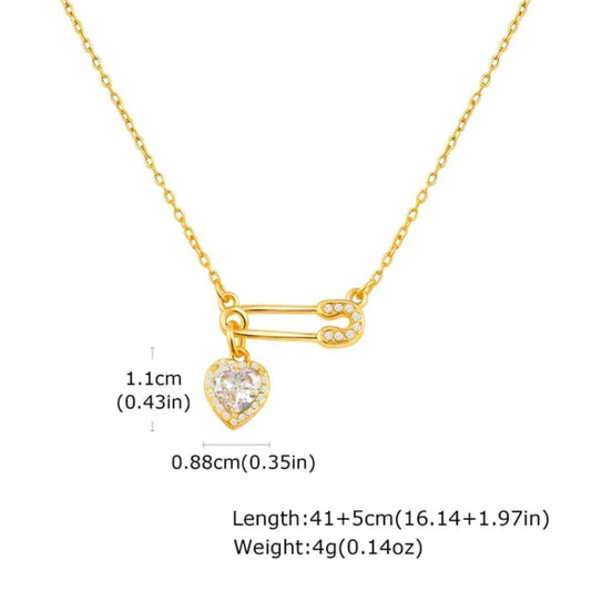 Safety Pin Heart Necklace – Gold Plated CZ Pendant