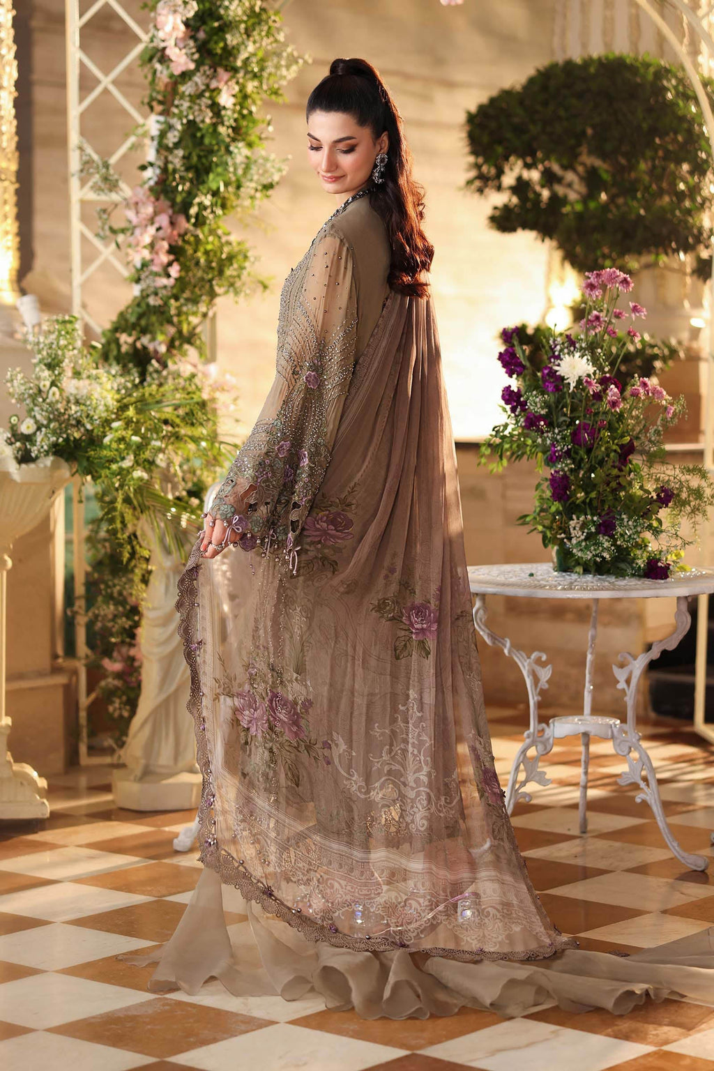3 Piece Unstitched Embroidered Chiffon Suit In Stock BARCODE:MPC-26-102-Muted Mocha Brown