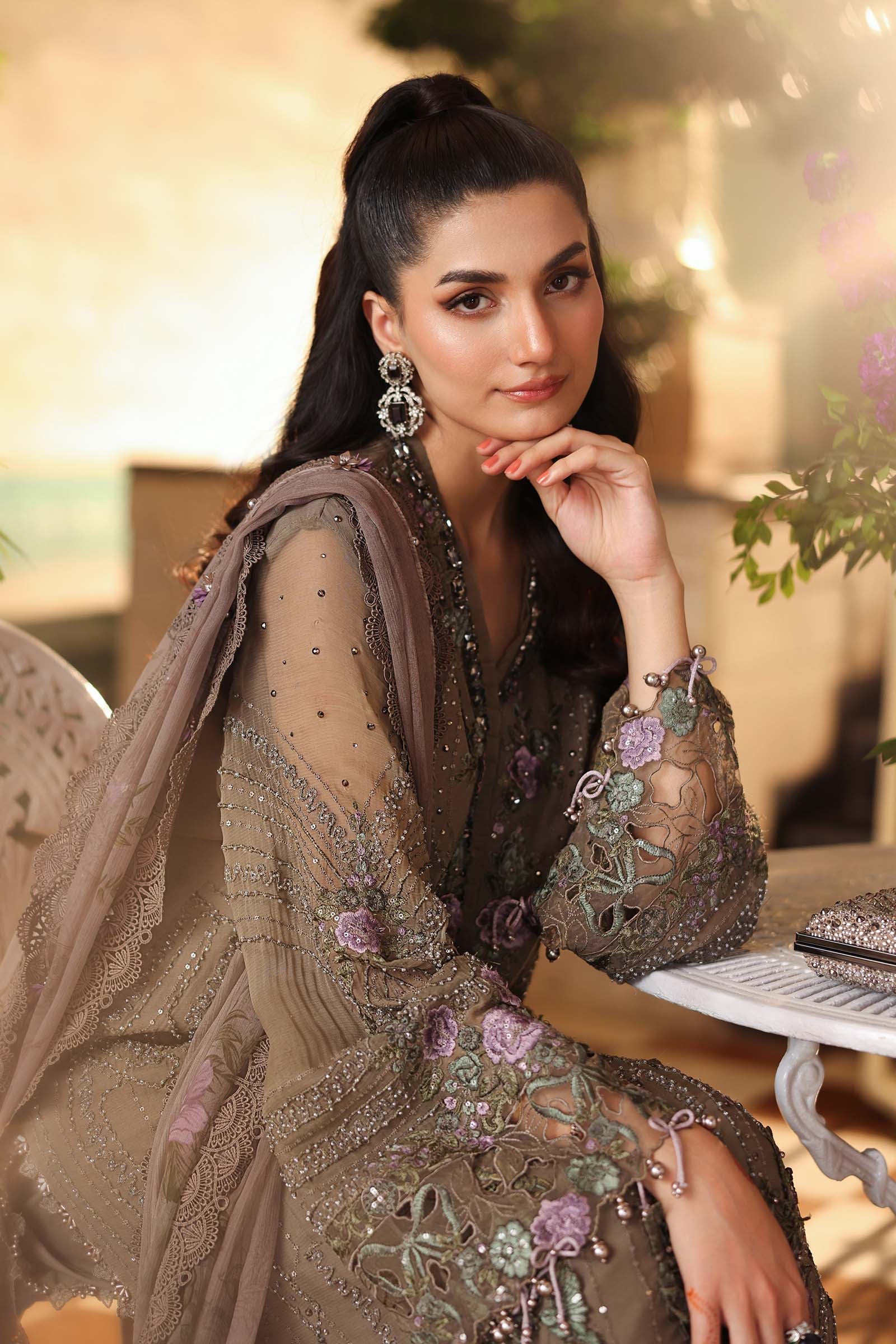 3 Piece Unstitched Embroidered Chiffon Suit In Stock BARCODE:MPC-26-102-Muted Mocha Brown