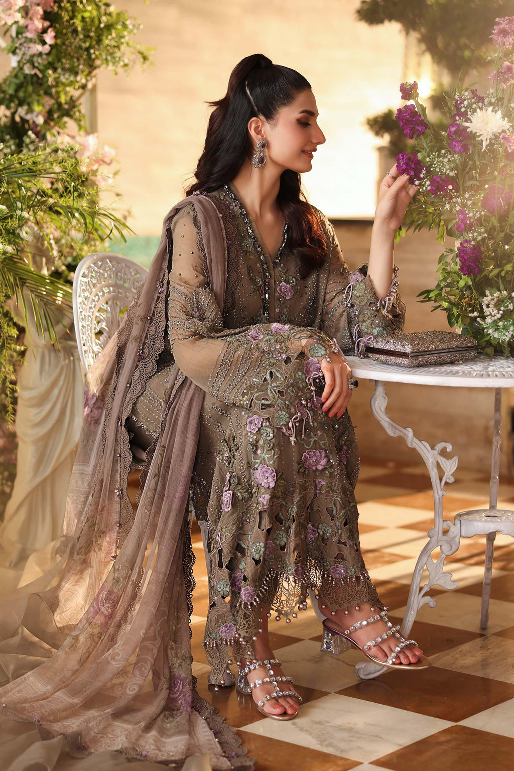 3 Piece Unstitched Embroidered Chiffon Suit In Stock BARCODE:MPC-26-102-Muted Mocha Brown