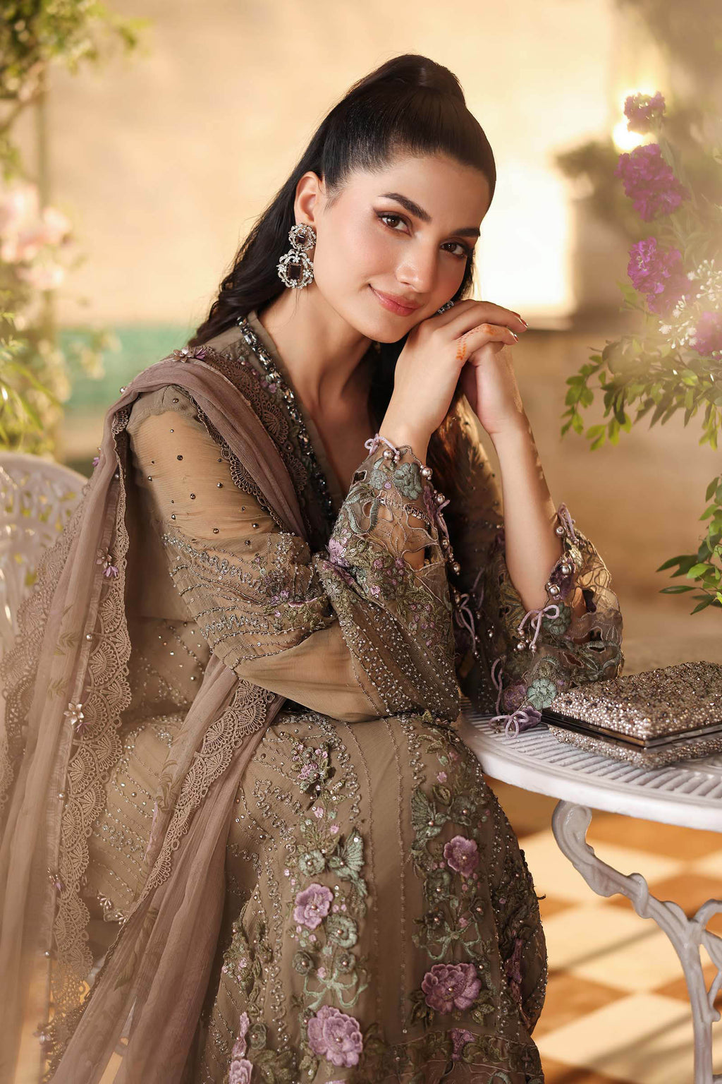 3 Piece Unstitched Embroidered Chiffon Suit In Stock BARCODE:MPC-26-102-Muted Mocha Brown