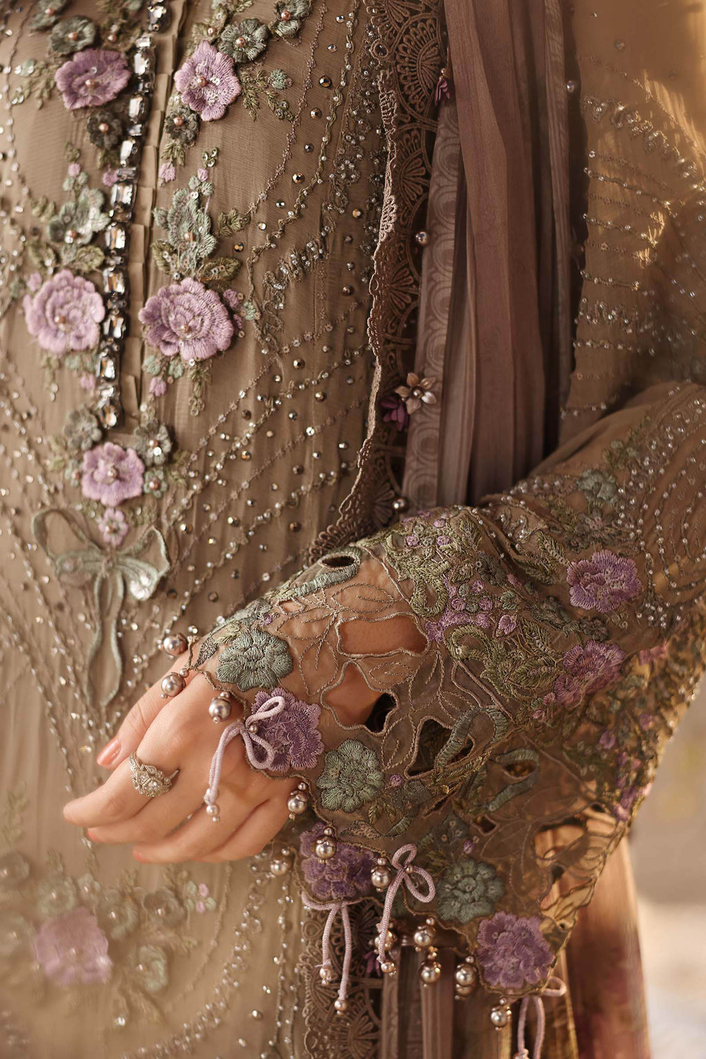 3 Piece Unstitched Embroidered Chiffon Suit In Stock BARCODE:MPC-26-102-Muted Mocha Brown