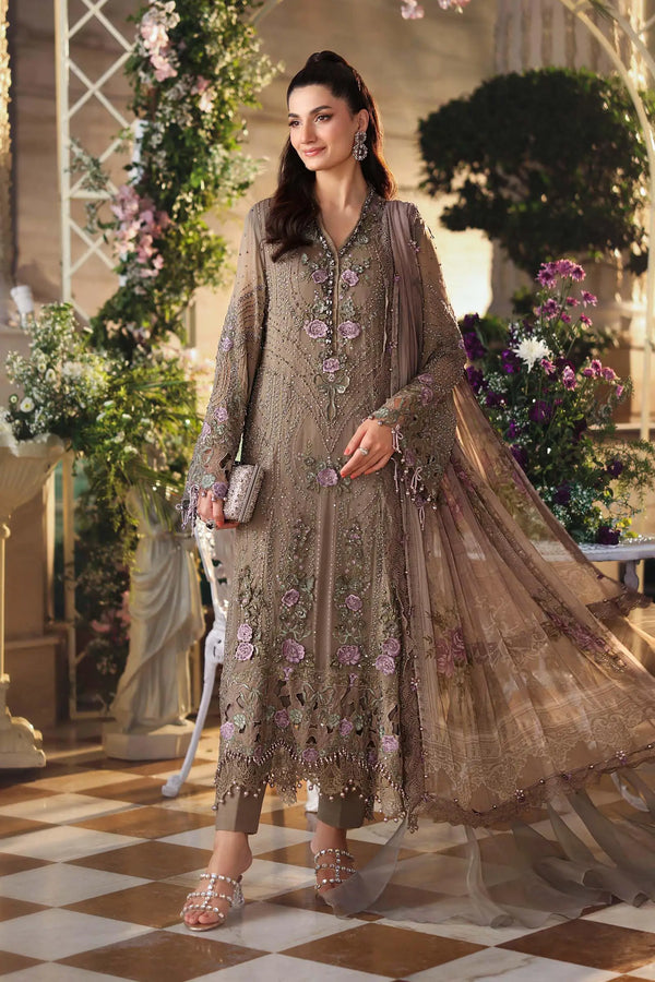 3 Piece Unstitched Embroidered Chiffon Suit In Stock BARCODE:MPC-26-102-Muted Mocha Brown NOOR E RIVAJ