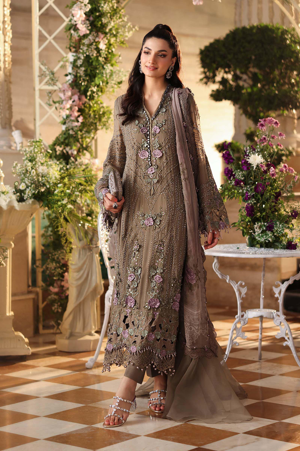 3 Piece Unstitched Embroidered Chiffon Suit In Stock BARCODE:MPC-26-102-Muted Mocha Brown