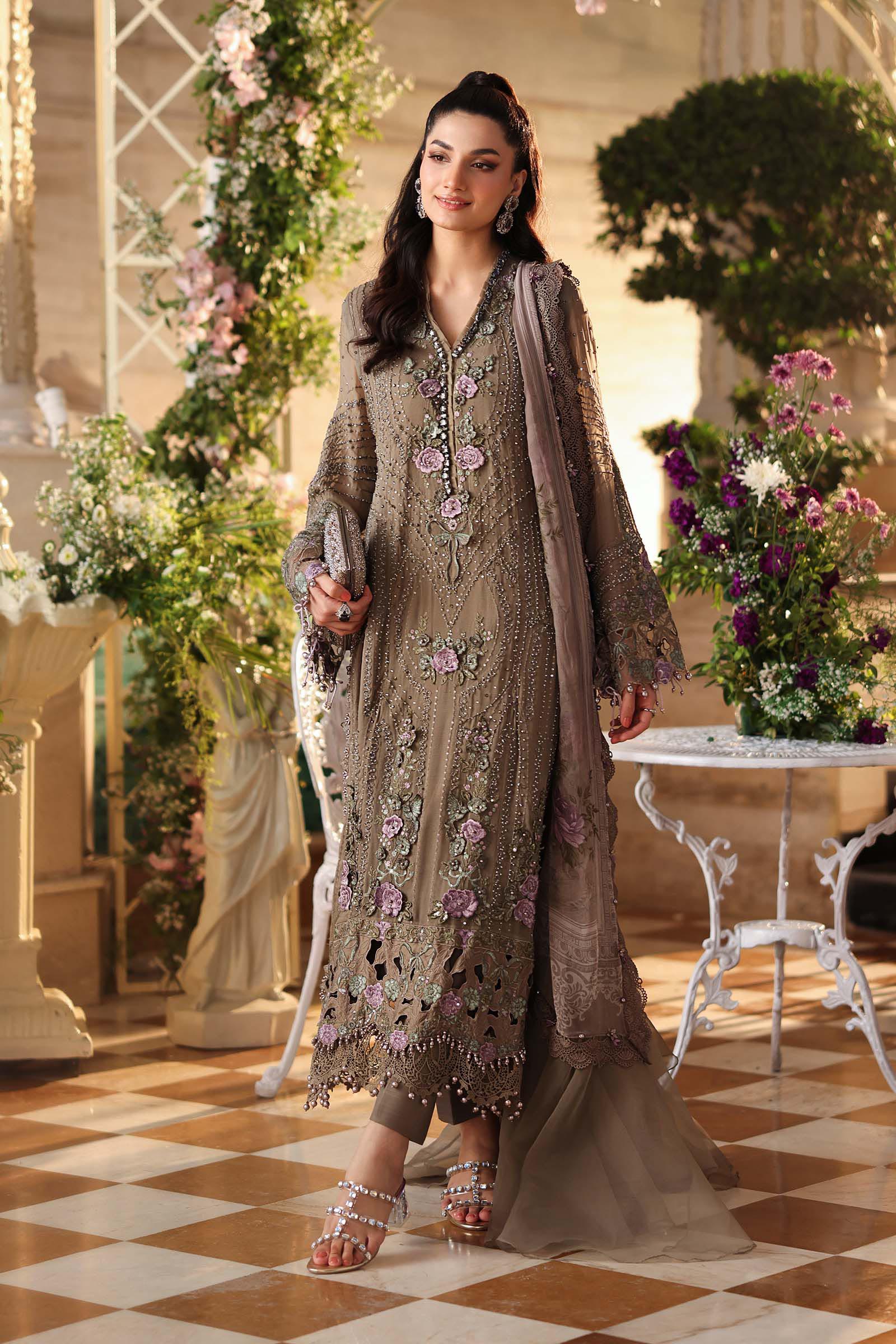 3 Piece Unstitched Embroidered Chiffon Suit In Stock BARCODE:MPC-26-102-Muted Mocha Brown