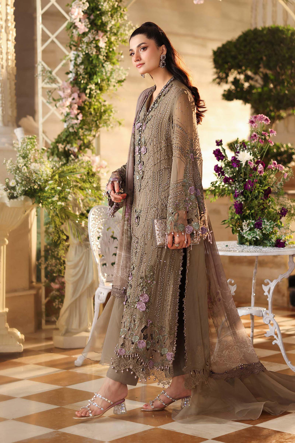 3 Piece Unstitched Embroidered Chiffon Suit In Stock BARCODE:MPC-26-102-Muted Mocha Brown