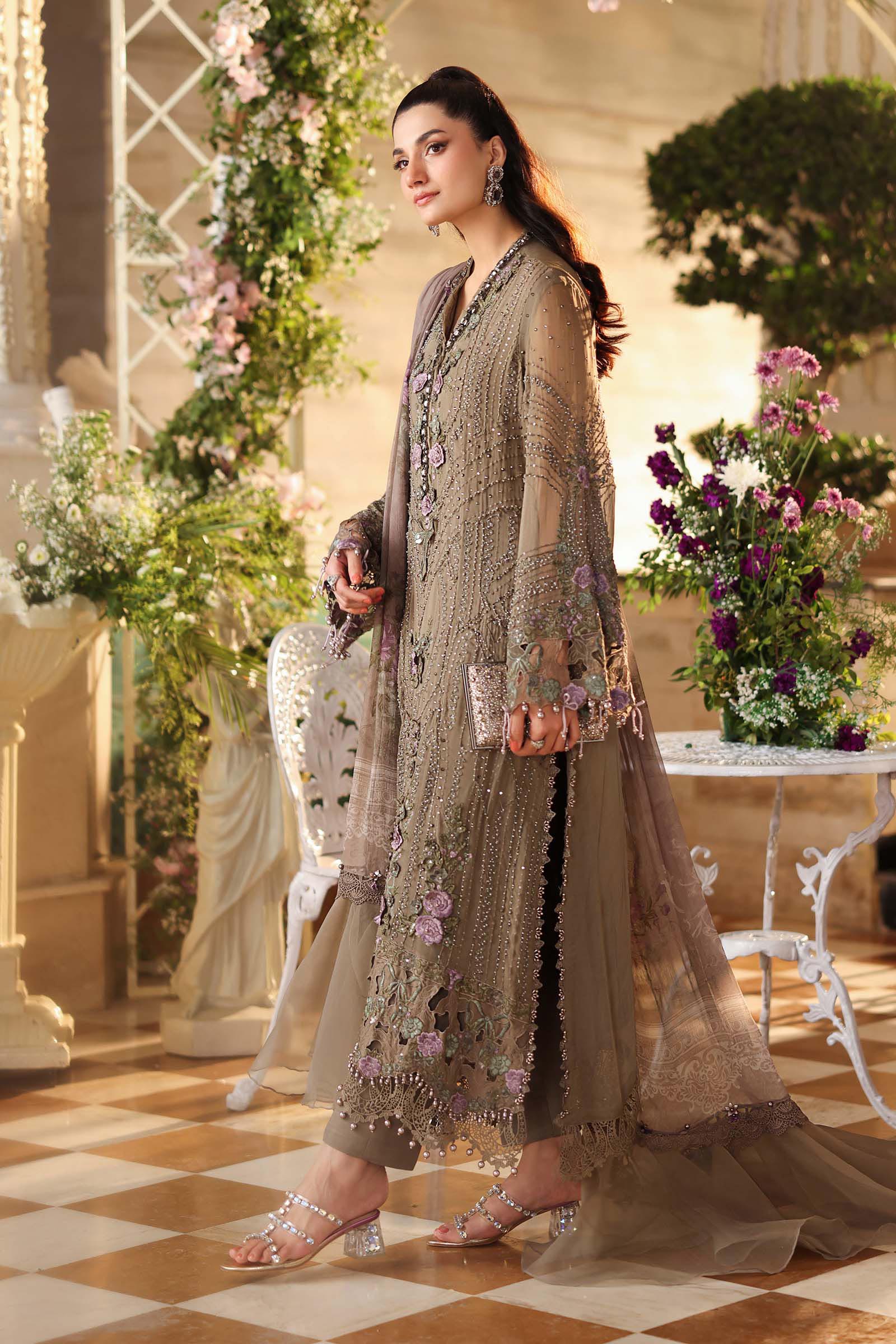 3 Piece Unstitched Embroidered Chiffon Suit In Stock BARCODE:MPC-26-102-Muted Mocha Brown