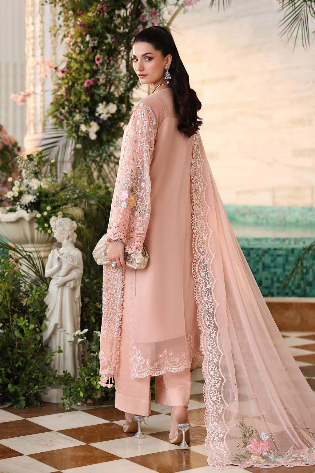 3 Piece Unstitched Embroidered Chiffon Suit:MPC-26-104-Peach Pink