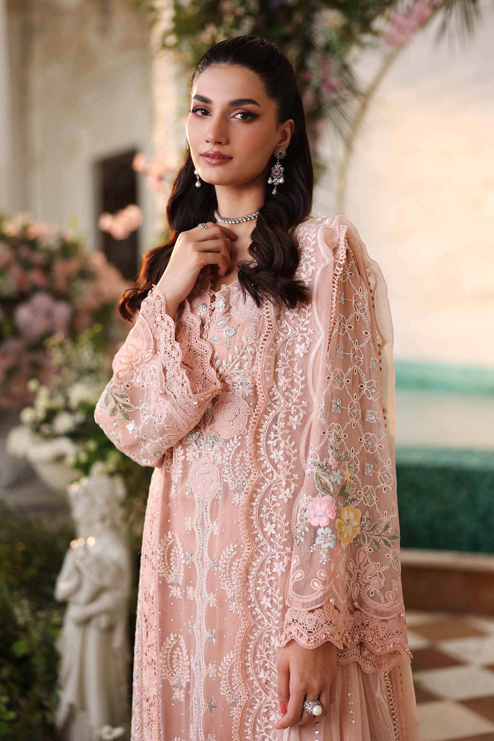 3 Piece Unstitched Embroidered Chiffon Suit:MPC-26-104-Peach Pink