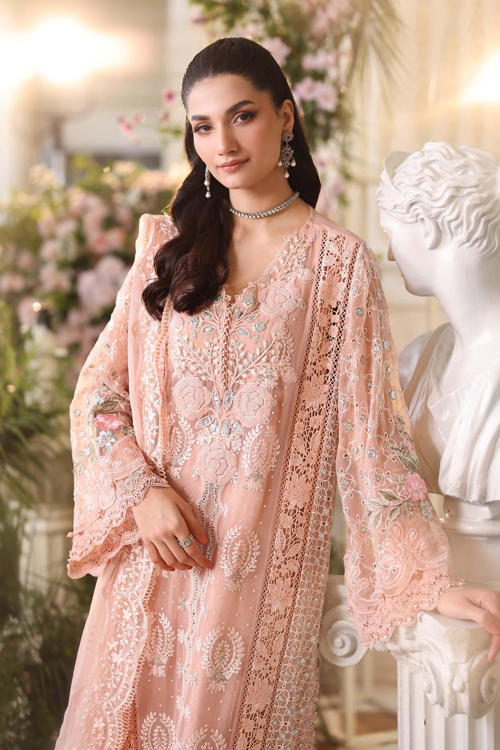 3 Piece Unstitched Embroidered Chiffon Suit:MPC-26-104-Peach Pink