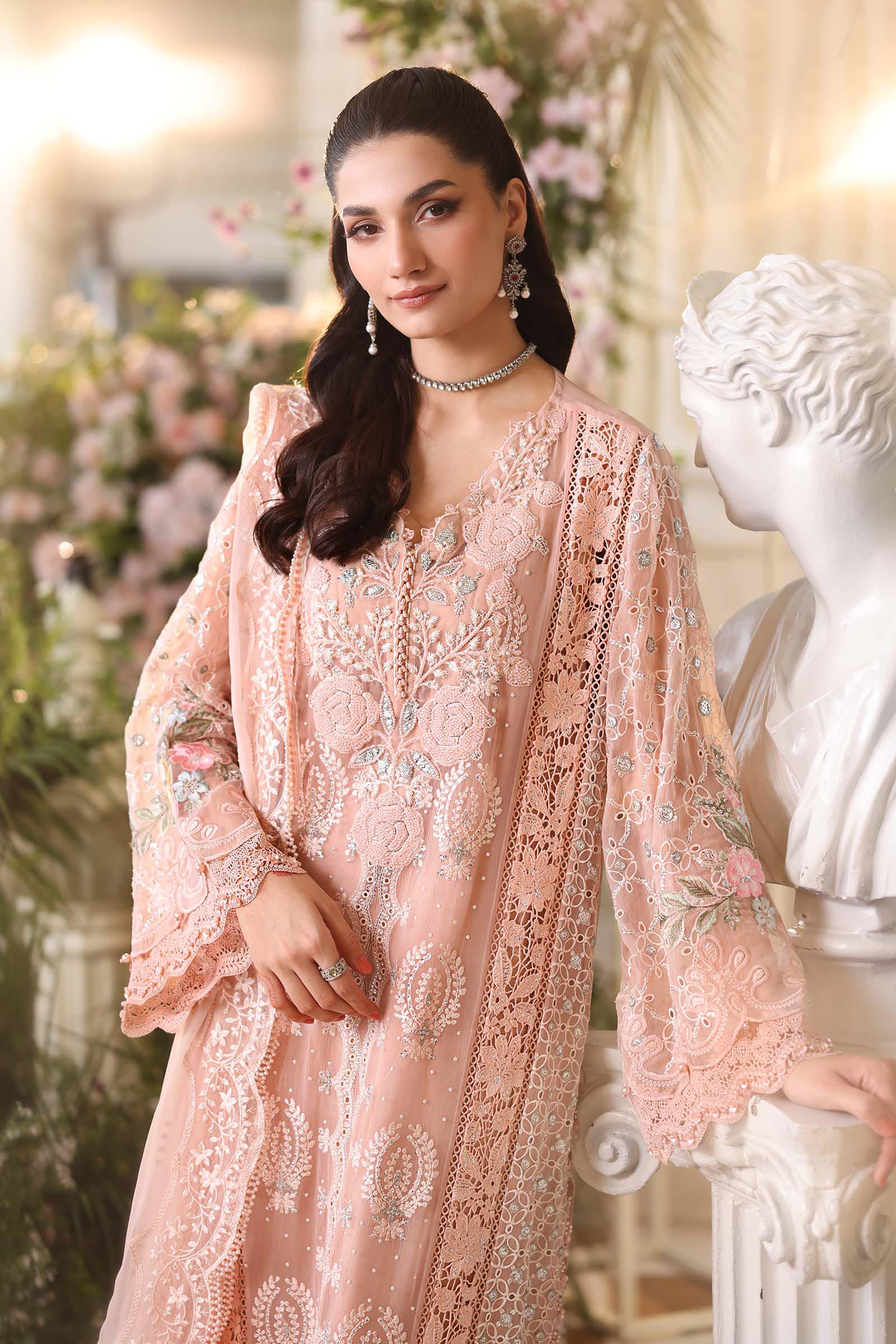 3 Piece Unstitched Embroidered Chiffon Suit:MPC-26-104-Peach Pink