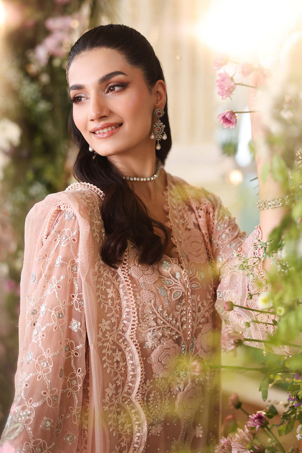 3 Piece Unstitched Embroidered Chiffon Suit:MPC-26-104-Peach Pink