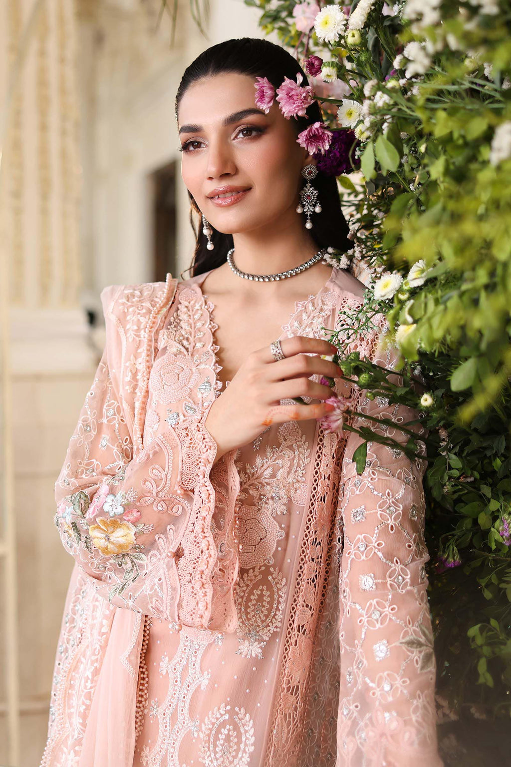 3 Piece Unstitched Embroidered Chiffon Suit:MPC-26-104-Peach Pink