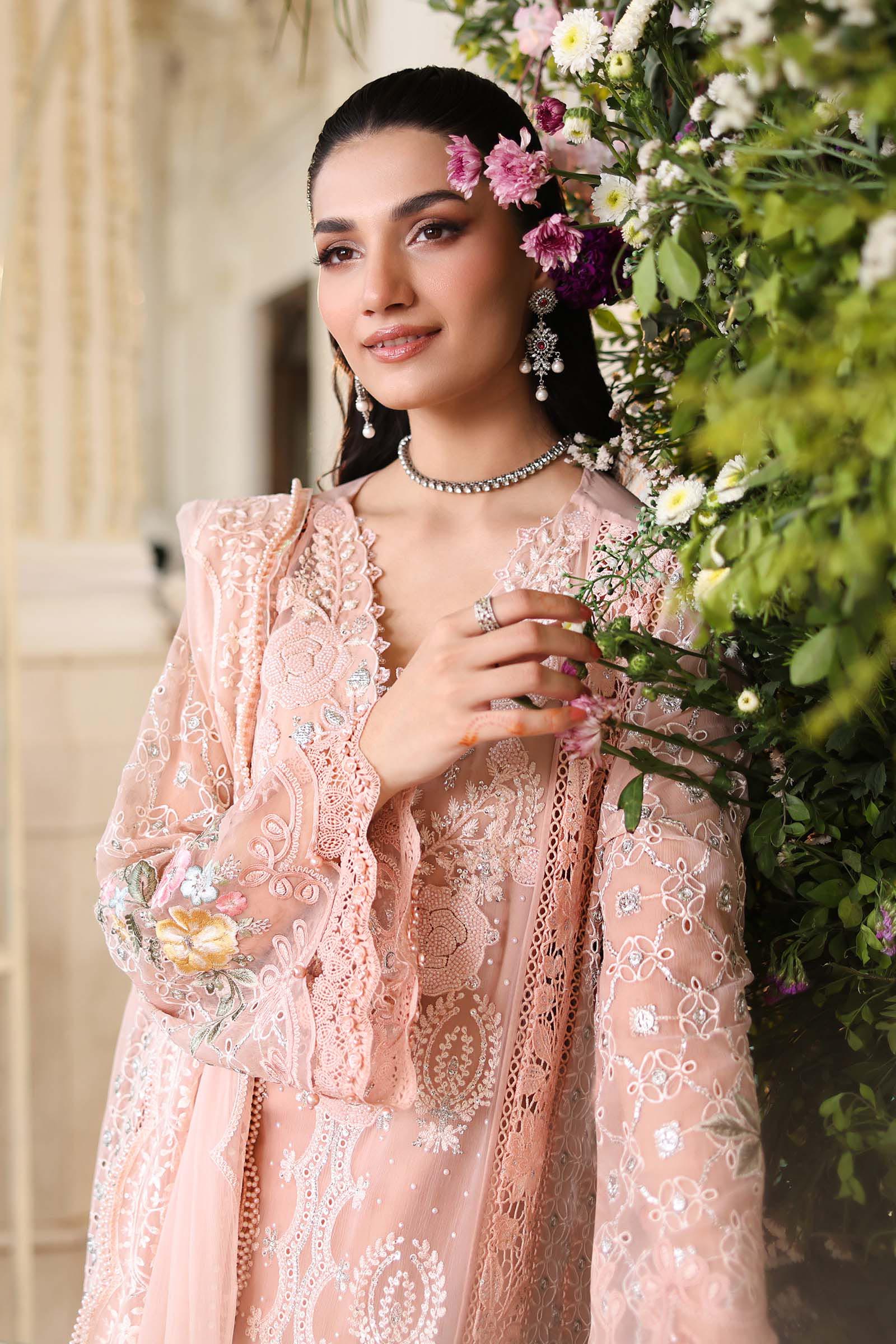 3 Piece Unstitched Embroidered Chiffon Suit:MPC-26-104-Peach Pink