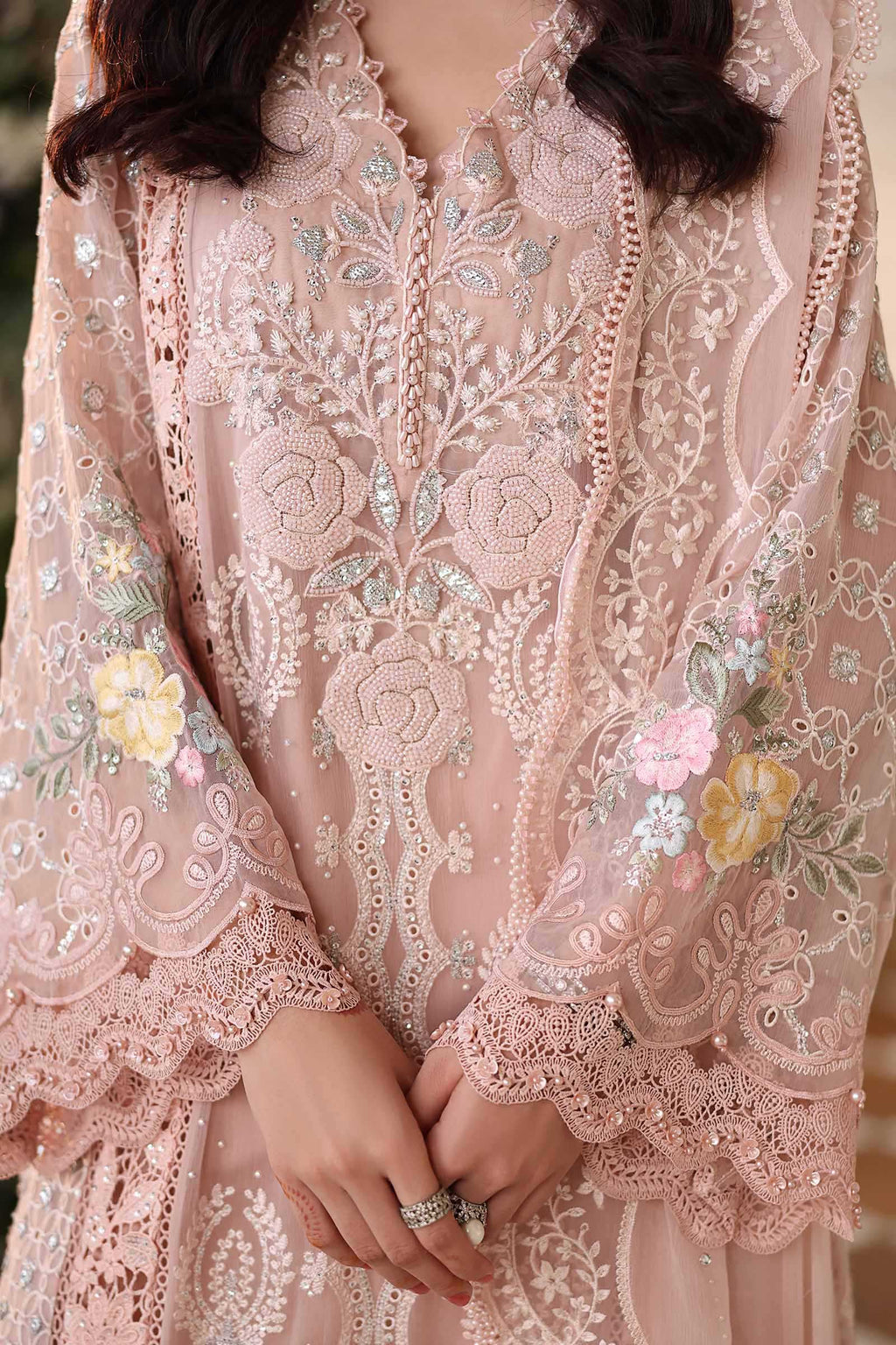3 Piece Unstitched Embroidered Chiffon Suit:MPC-26-104-Peach Pink