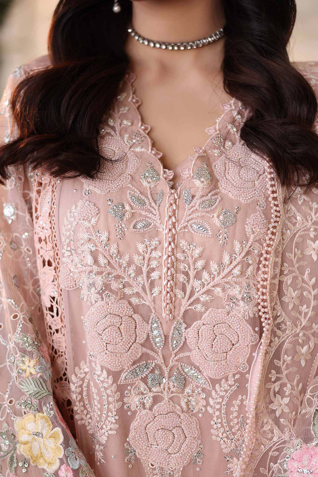 3 Piece Unstitched Embroidered Chiffon Suit:MPC-26-104-Peach Pink