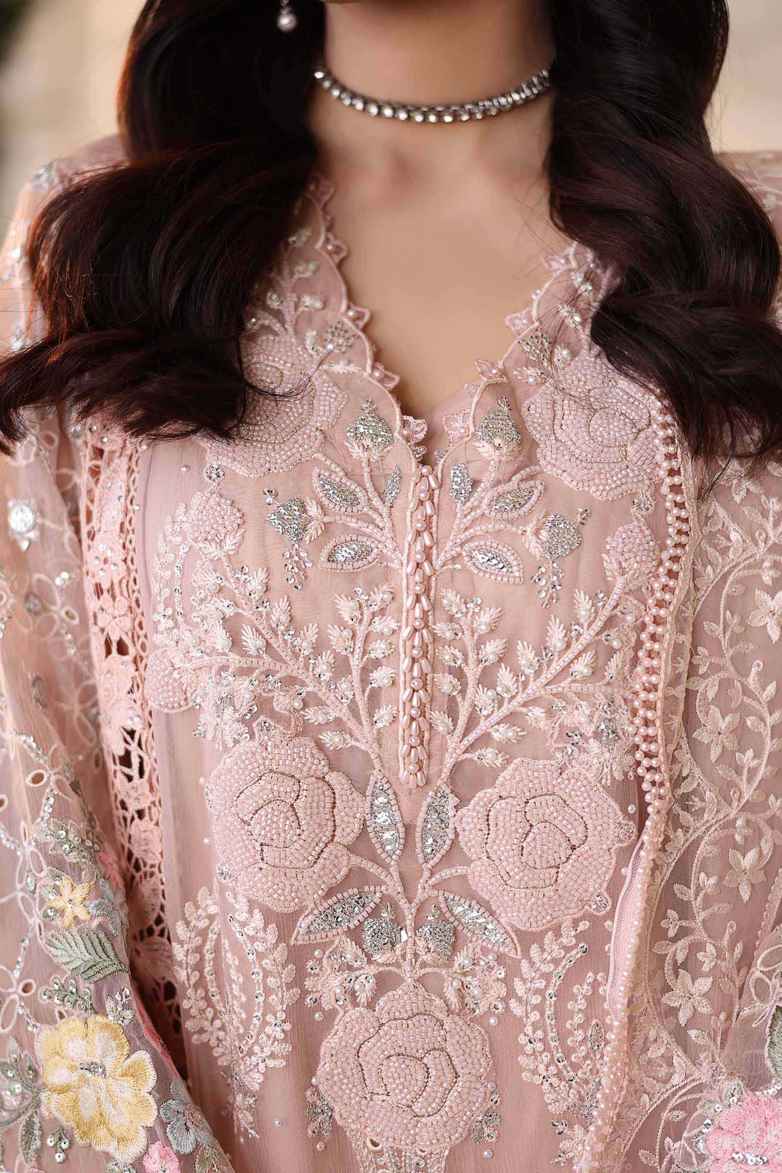 3 Piece Unstitched Embroidered Chiffon Suit:MPC-26-104-Peach Pink