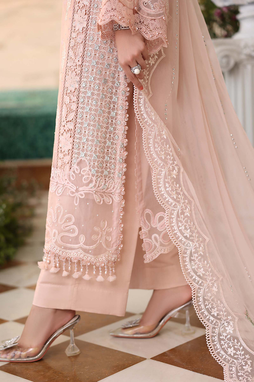 3 Piece Unstitched Embroidered Chiffon Suit:MPC-26-104-Peach Pink