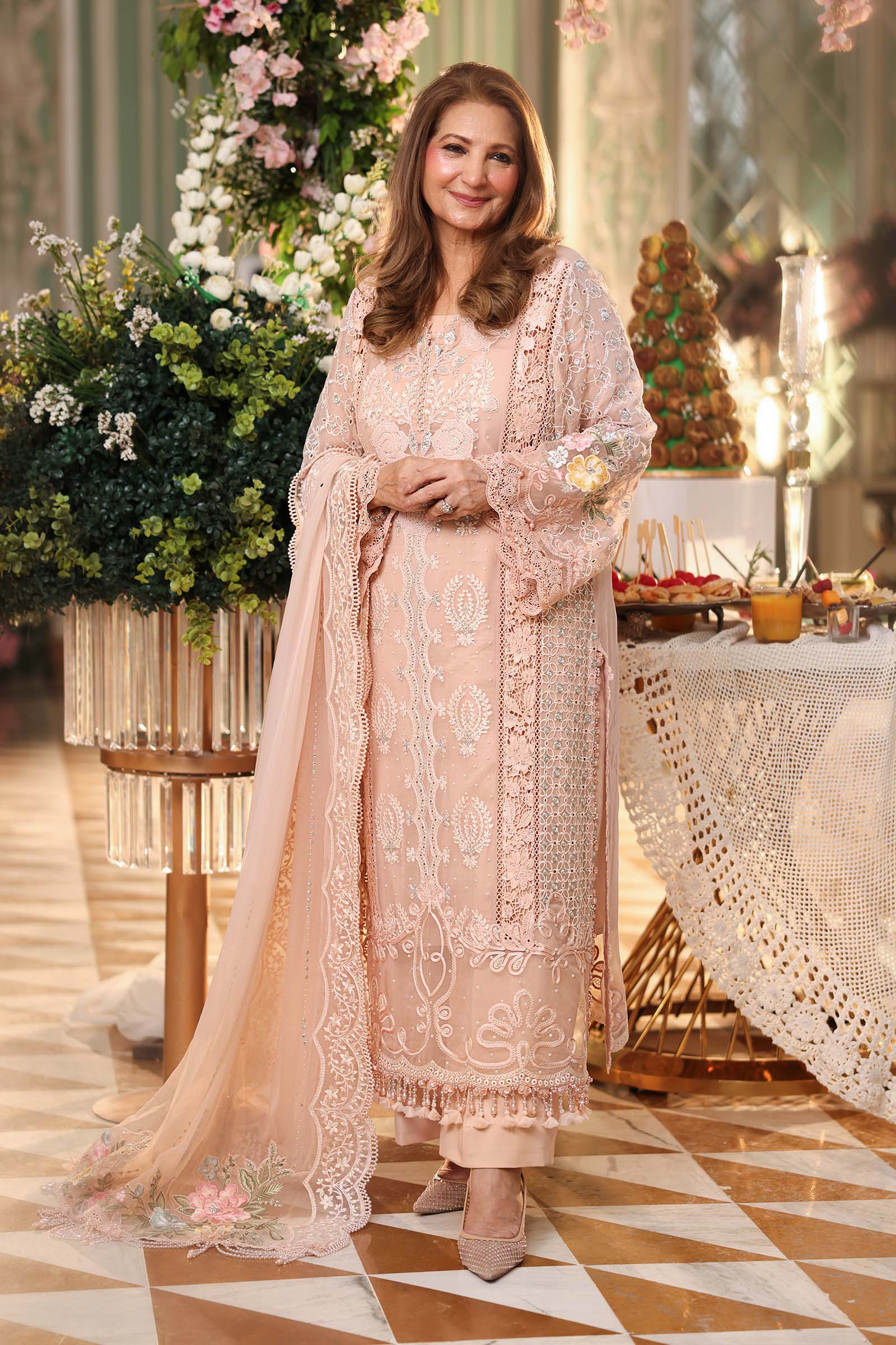 3 Piece Unstitched Embroidered Chiffon Suit:MPC-26-104-Peach Pink